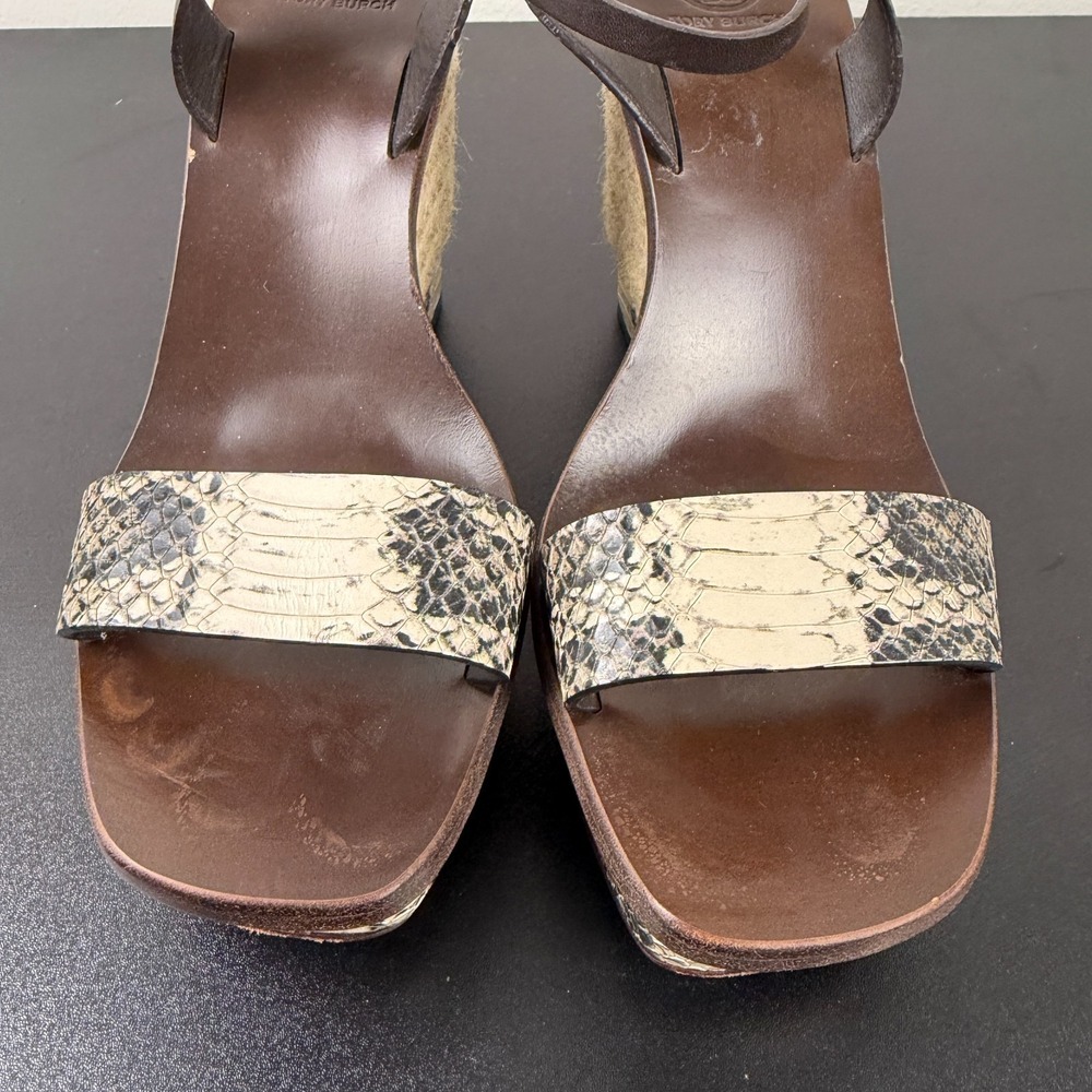 Tory Burch Sandals Womens 8.5M Brown Snakeskin Espadrille Wedge Heels Casual Fun - Picture 8 of 16